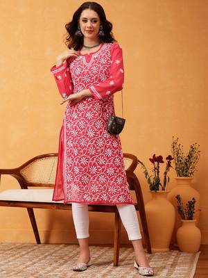 Ada Hand Embroidered Carrot Pink Georgette Lucknow Chikankari Women Kurta Trouser Set with slip - A100562 5