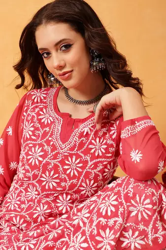 Ada Hand Embroidered Carrot Pink Georgette Lucknow Chikankari Women Kurta Trouser Set with slip - A100562