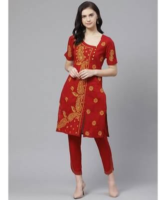 Ada Hand Embroidered Maroon Cotton Lucknow Chikankari Women Kurta with Trouser Set - A100331 1