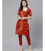 Ada Hand Embroidered Maroon Cotton Lucknow Chikankari Women Kurta with Trouser Set - A100331