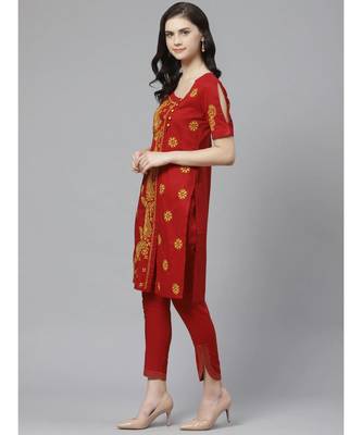 Ada Hand Embroidered Maroon Cotton Lucknow Chikankari Women Kurta with Trouser Set - A100331 2