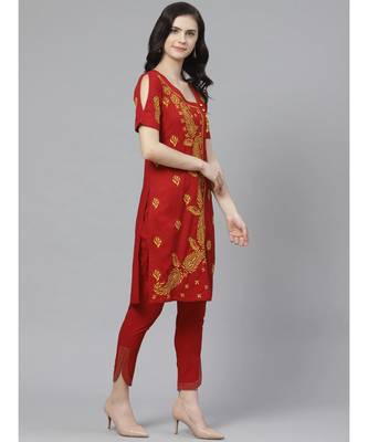 Ada Hand Embroidered Maroon Cotton Lucknow Chikankari Women Kurta with Trouser Set - A100331 3