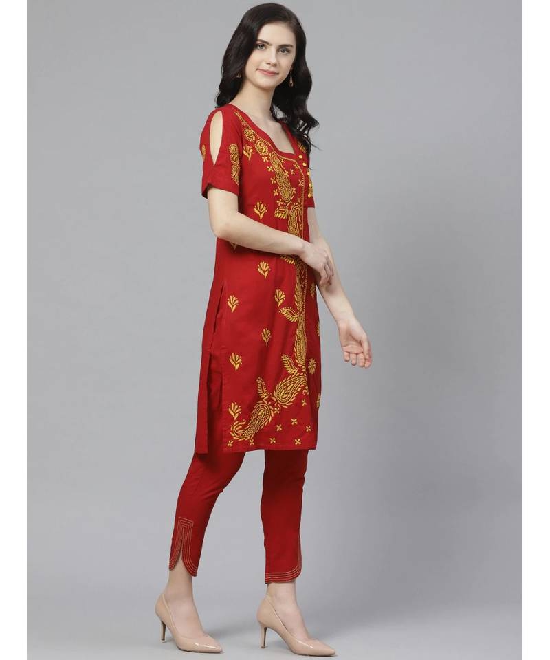Ada Hand Embroidered Maroon Cotton Lucknow Chikankari Women Kurta with Trouser Set - A100331