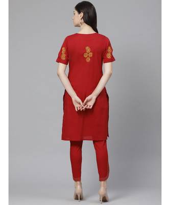 Ada Hand Embroidered Maroon Cotton Lucknow Chikankari Women Kurta with Trouser Set - A100331 4