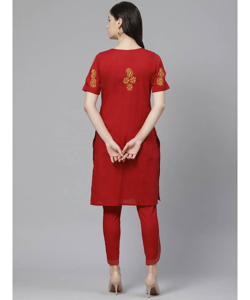 Ada Hand Embroidered Maroon Cotton Lucknow Chikankari Women Kurta with Trouser Set - A100331