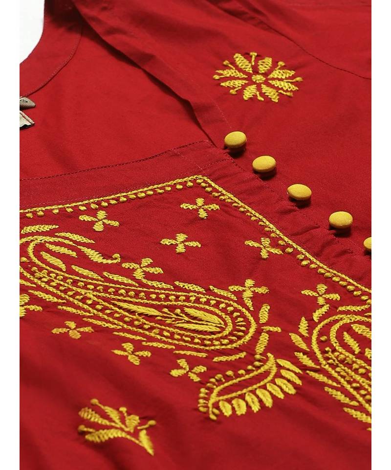 Ada Hand Embroidered Maroon Cotton Lucknow Chikankari Women Kurta with Trouser Set - A100331