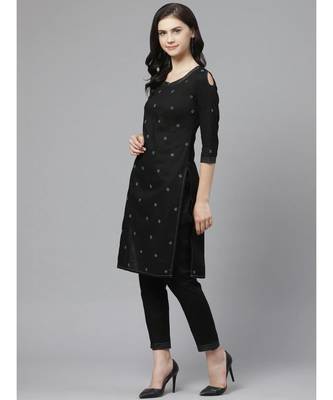 Ada Hand Embroidered Black Cotton Lucknow Chikankari Women Kurta/Trouser Set With Muqaish Work - A100559 2