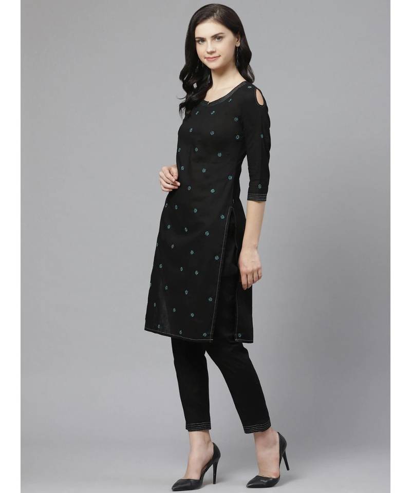 Ada Hand Embroidered Black Cotton Lucknow Chikankari Women Kurta/Trouser Set With Muqaish Work - A100559