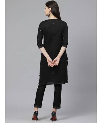 Ada Hand Embroidered Black Cotton Lucknow Chikankari Women Kurta/Trouser Set With Muqaish Work - A100559 3