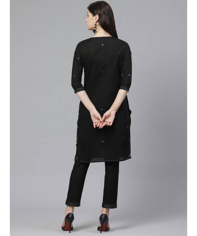 Ada Hand Embroidered Black Cotton Lucknow Chikankari Women Kurta/Trouser Set With Muqaish Work - A100559