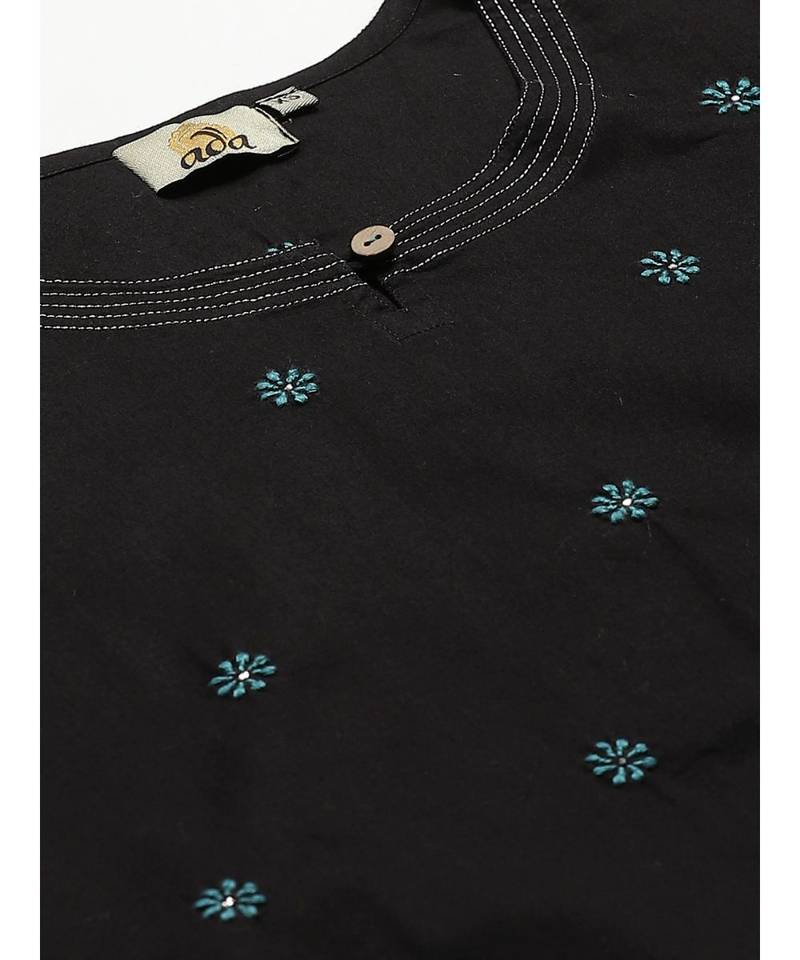 Ada Hand Embroidered Black Cotton Lucknow Chikankari Women Kurta/Trouser Set With Muqaish Work - A100559