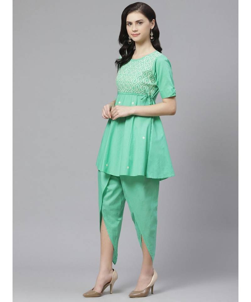 Hand Embroidered Green Cotton Lucknow Chikankari Women Kurta With Dhoti Set