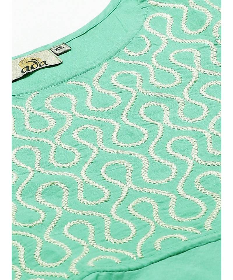 Hand Embroidered Green Cotton Lucknow Chikankari Women Kurta With Dhoti Set