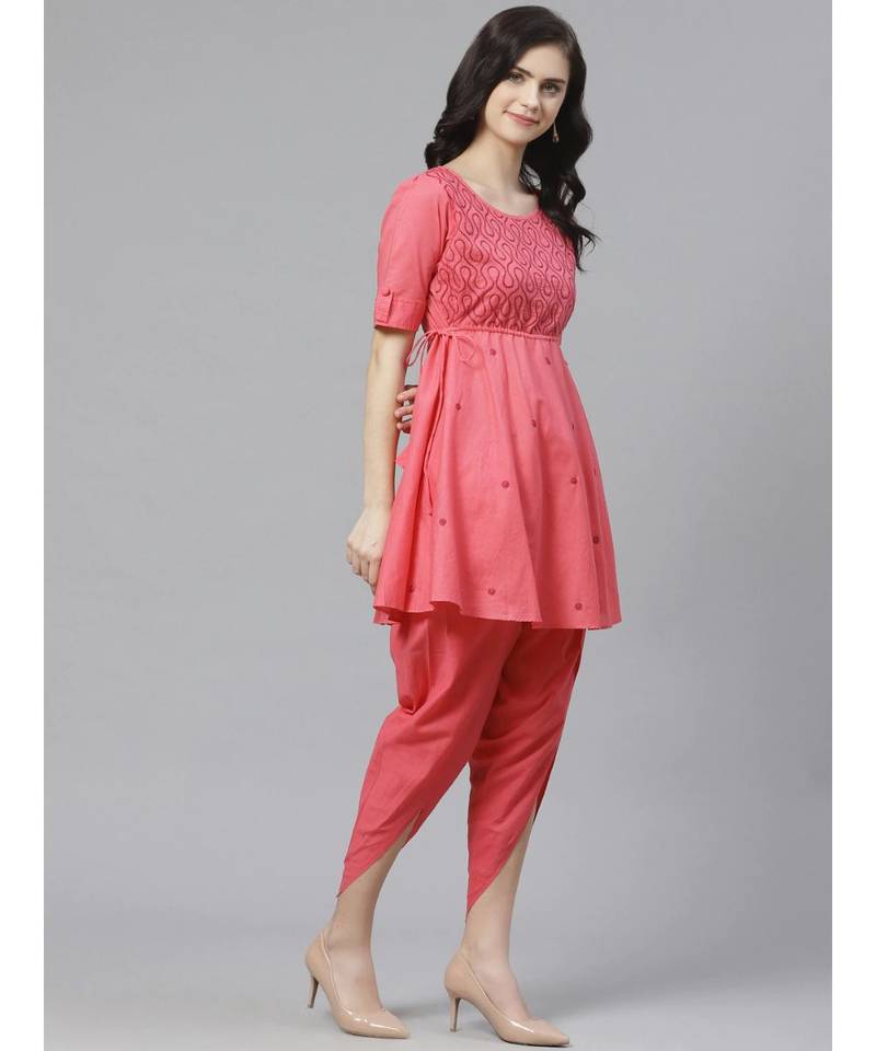 Hand Embroidered Pink Cotton Lucknow Chikankari Women Kurta With Dhoti Set
