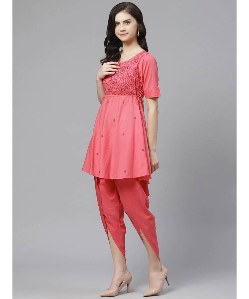 Hand Embroidered Pink Cotton Lucknow Chikankari Women Kurta With Dhoti Set