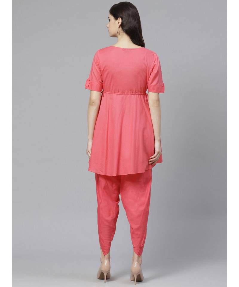 Hand Embroidered Pink Cotton Lucknow Chikankari Women Kurta With Dhoti Set