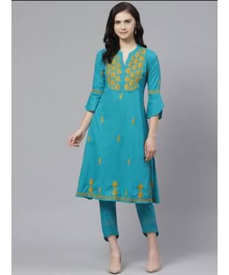Ada Hand Embroidered Blue Cotton Lucknow Chikankari Women Kurta with Trouser Set - A100318 1