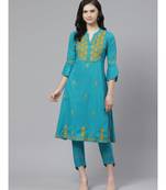 Ada Hand Embroidered Blue Cotton Lucknow Chikankari Women Kurta with Trouser Set - A100318