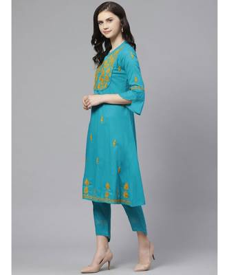 Ada Hand Embroidered Blue Cotton Lucknow Chikankari Women Kurta with Trouser Set - A100318 2