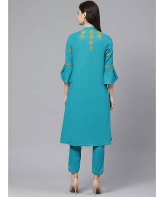 Ada Hand Embroidered Blue Cotton Lucknow Chikankari Women Kurta with Trouser Set - A100318 3