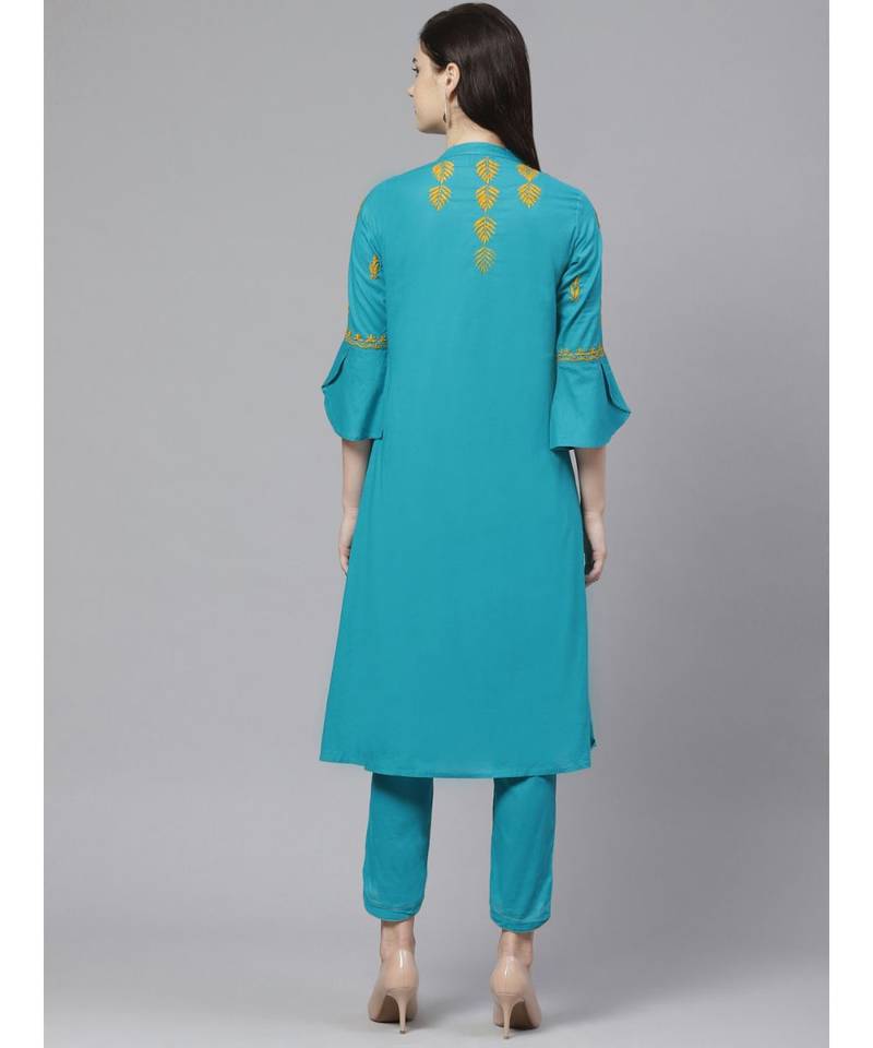 Ada Hand Embroidered Blue Cotton Lucknow Chikankari Women Kurta with Trouser Set - A100318