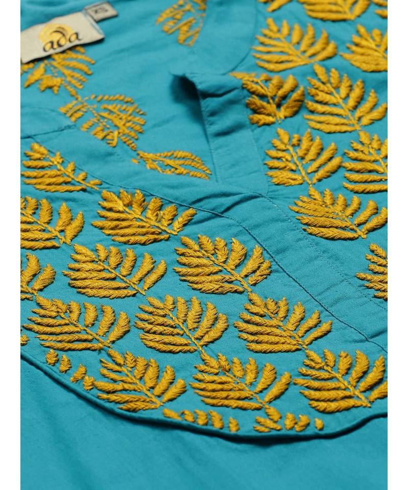 Ada Hand Embroidered Blue Cotton Lucknow Chikankari Women Kurta with Trouser Set - A100318