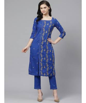 Ada Hand Embroidered Royal Blue Cotton Lucknow Chikankari Women Kurta Trouser Set With Muqaish Work - A100329 1