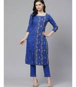 Ada Hand Embroidered Royal Blue Cotton Lucknow Chikankari Women Kurta Trouser Set With Muqaish Work - A100329