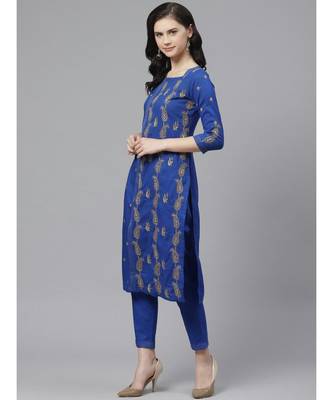 Ada Hand Embroidered Royal Blue Cotton Lucknow Chikankari Women Kurta Trouser Set With Muqaish Work - A100329 2