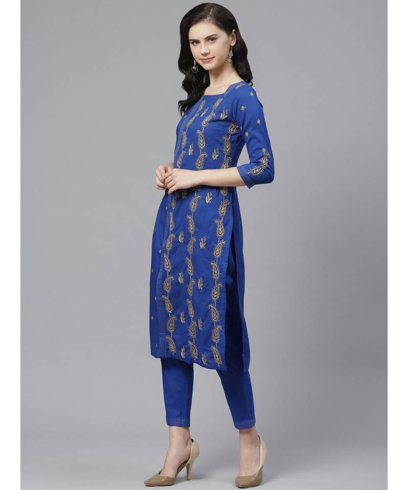 Ada Hand Embroidered Royal Blue Cotton Lucknow Chikankari Women Kurta Trouser Set With Muqaish Work - A100329