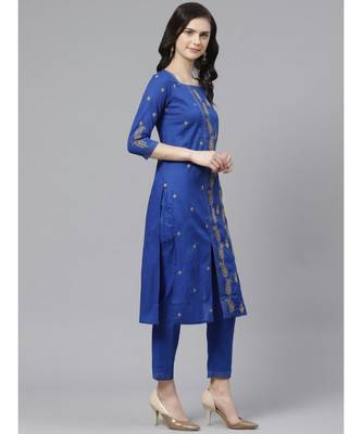 Ada Hand Embroidered Royal Blue Cotton Lucknow Chikankari Women Kurta Trouser Set With Muqaish Work - A100329 3