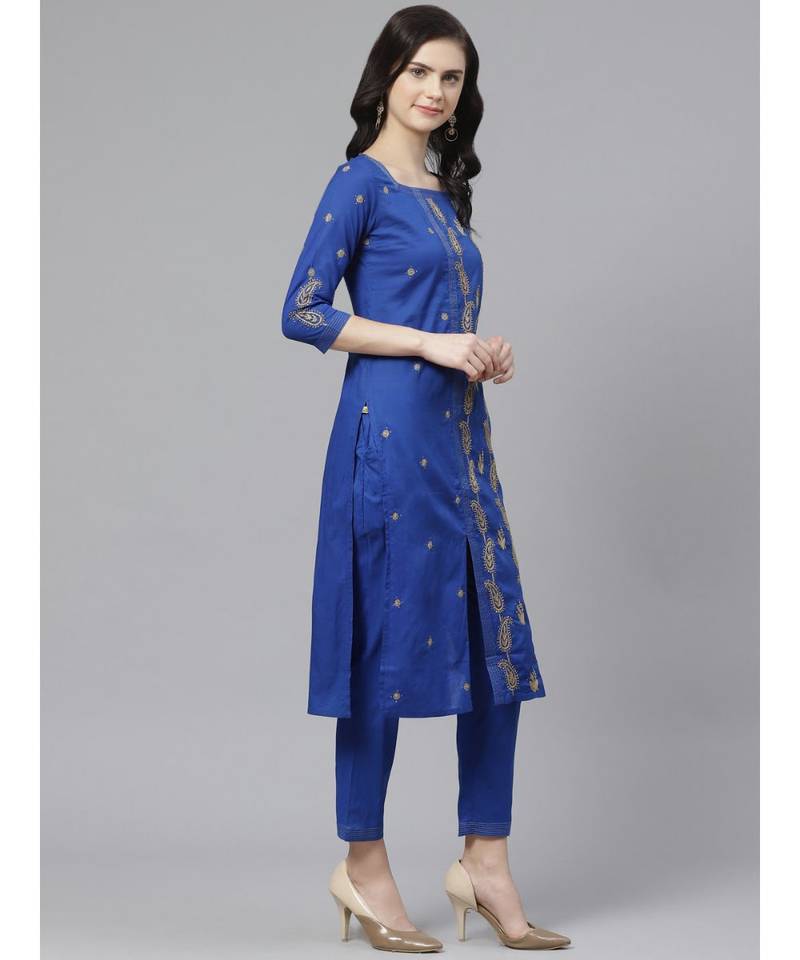 Ada Hand Embroidered Royal Blue Cotton Lucknow Chikankari Women Kurta Trouser Set With Muqaish Work - A100329