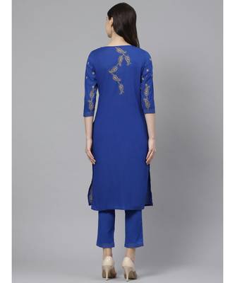 Ada Hand Embroidered Royal Blue Cotton Lucknow Chikankari Women Kurta Trouser Set With Muqaish Work - A100329 4