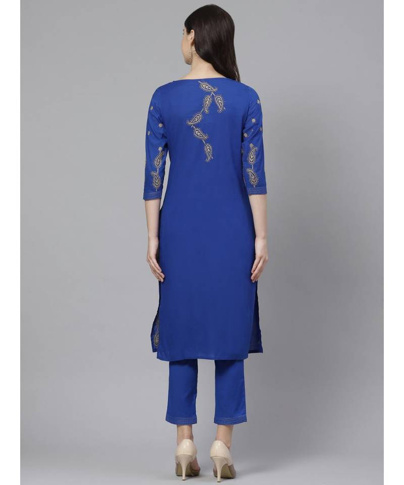 Ada Hand Embroidered Royal Blue Cotton Lucknow Chikankari Women Kurta Trouser Set With Muqaish Work - A100329