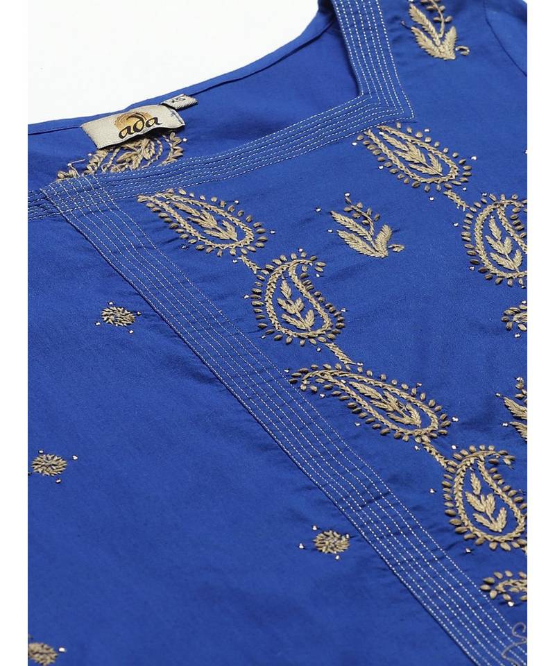 Ada Hand Embroidered Royal Blue Cotton Lucknow Chikankari Women Kurta Trouser Set With Muqaish Work - A100329