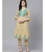 Hand Embroidered Beige Cotton Lucknow Chikankari Women Kurta With Trouser Set