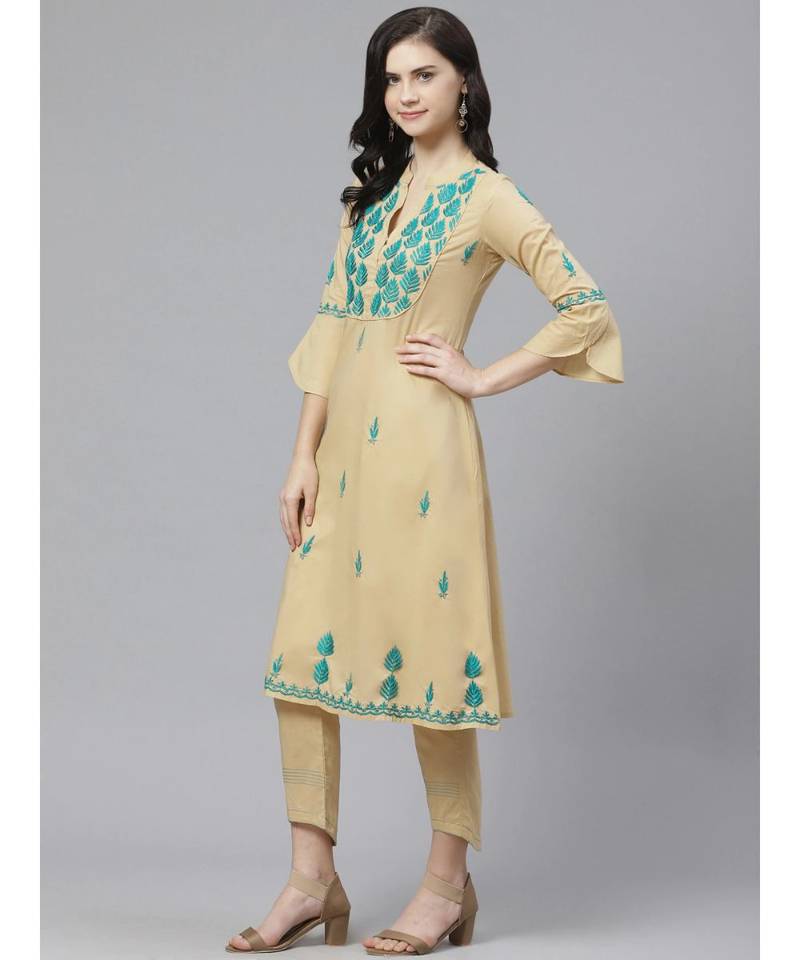 Hand Embroidered Beige Cotton Lucknow Chikankari Women Kurta With Trouser Set