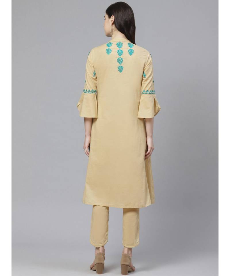 Hand Embroidered Beige Cotton Lucknow Chikankari Women Kurta With Trouser Set