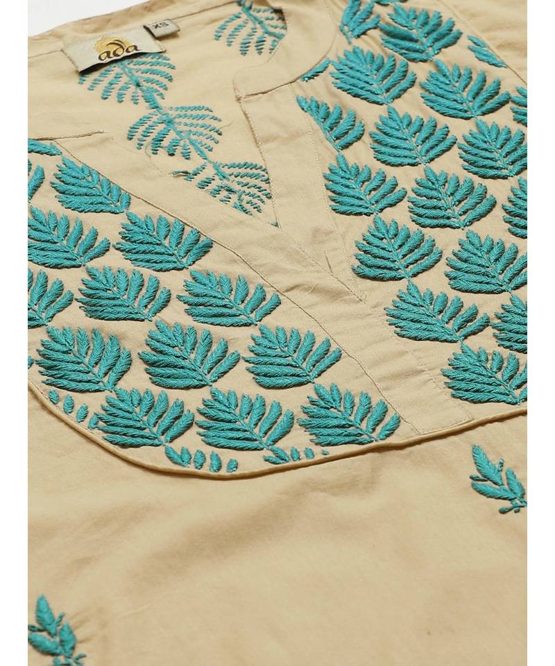 Hand Embroidered Beige Cotton Lucknow Chikankari Women Kurta With Trouser Set