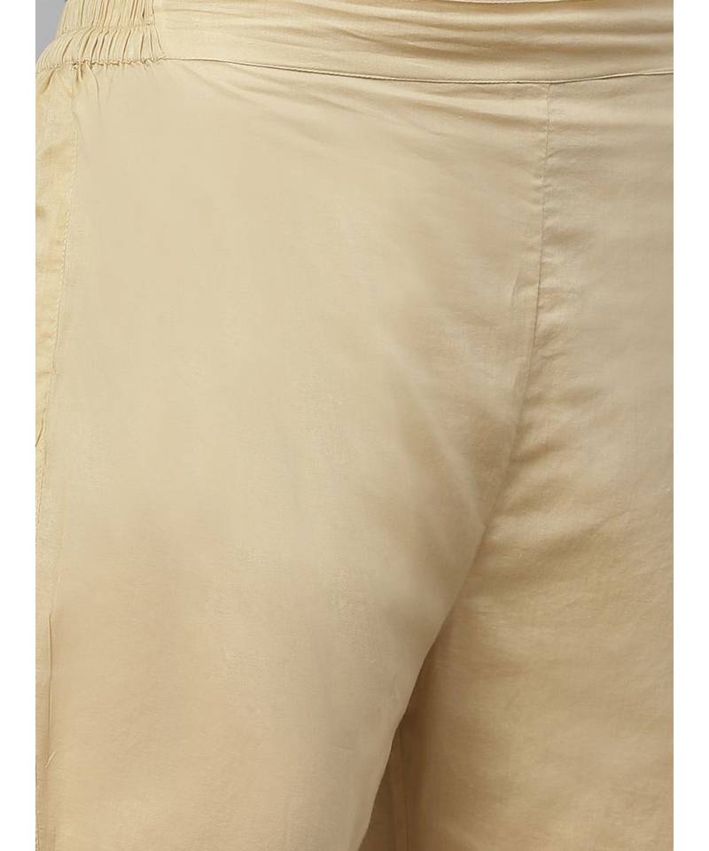 Hand Embroidered Beige Cotton Lucknow Chikankari Women Kurta With Trouser Set