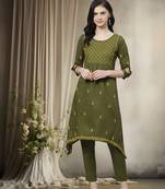 Hand Embroidered Green Cotton Lucknow Chikankari Women Kurta With Trouser Set
