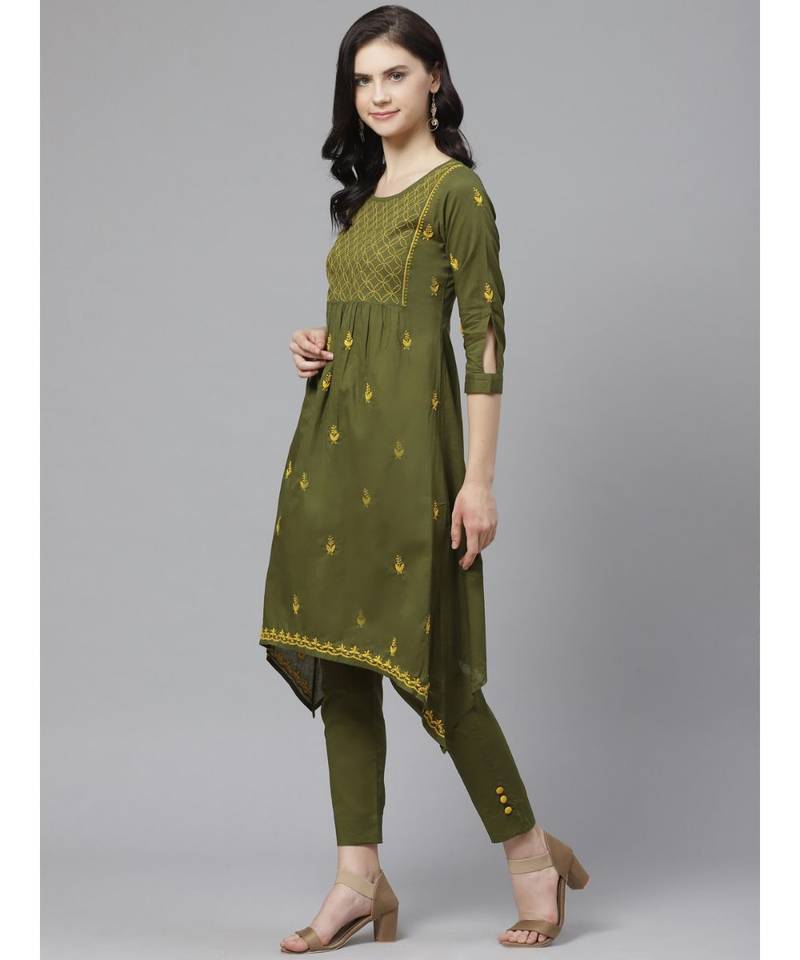 Hand Embroidered Green Cotton Lucknow Chikankari Women Kurta With Trouser Set