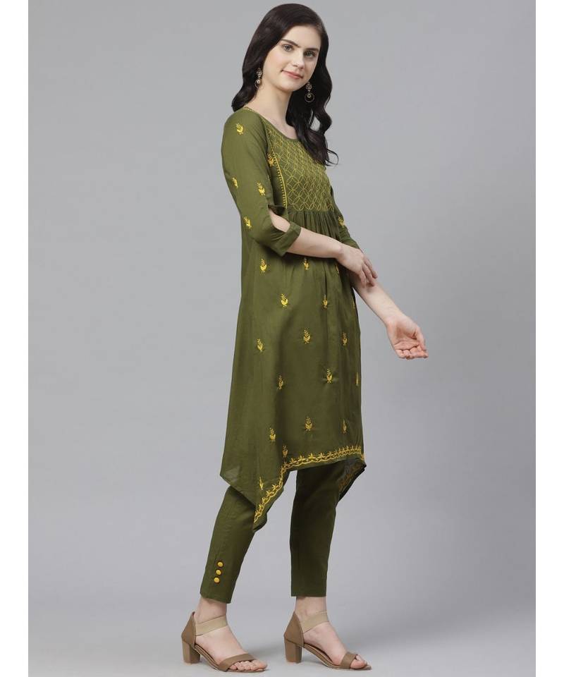 Hand Embroidered Green Cotton Lucknow Chikankari Women Kurta With Trouser Set