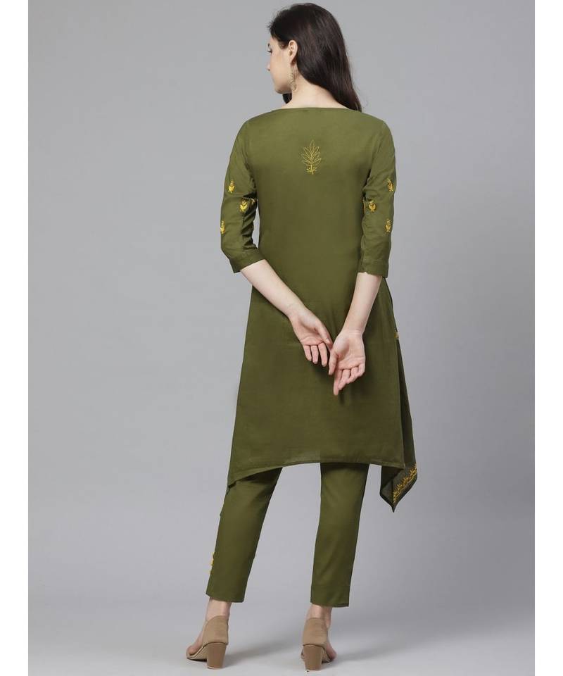 Hand Embroidered Green Cotton Lucknow Chikankari Women Kurta With Trouser Set