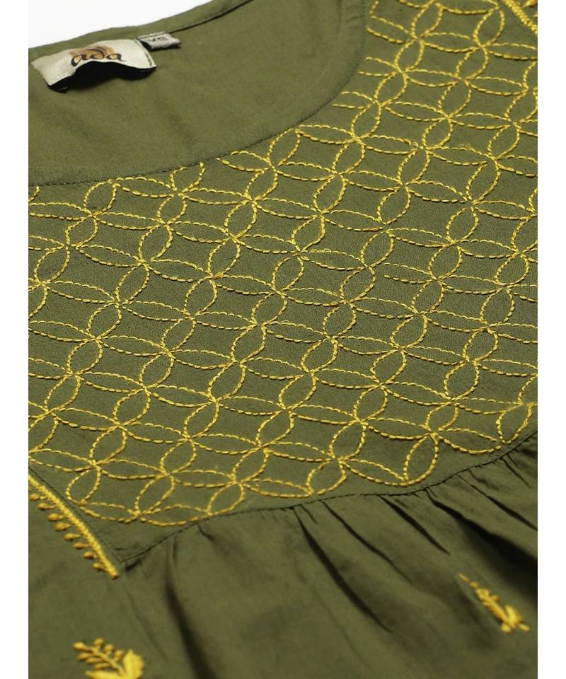 Hand Embroidered Green Cotton Lucknow Chikankari Women Kurta With Trouser Set