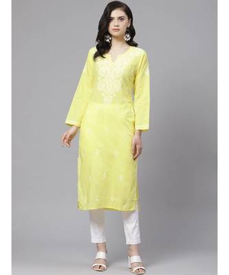 Ada Hand Embroidered Yellow and White Cotton Lucknow Chikankari Kurta with Churidar Set 1