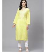 Ada Hand Embroidered Yellow and White Cotton Lucknow Chikankari Kurta with Churidar Set