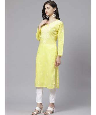 Ada Hand Embroidered Yellow and White Cotton Lucknow Chikankari Kurta with Churidar Set 2