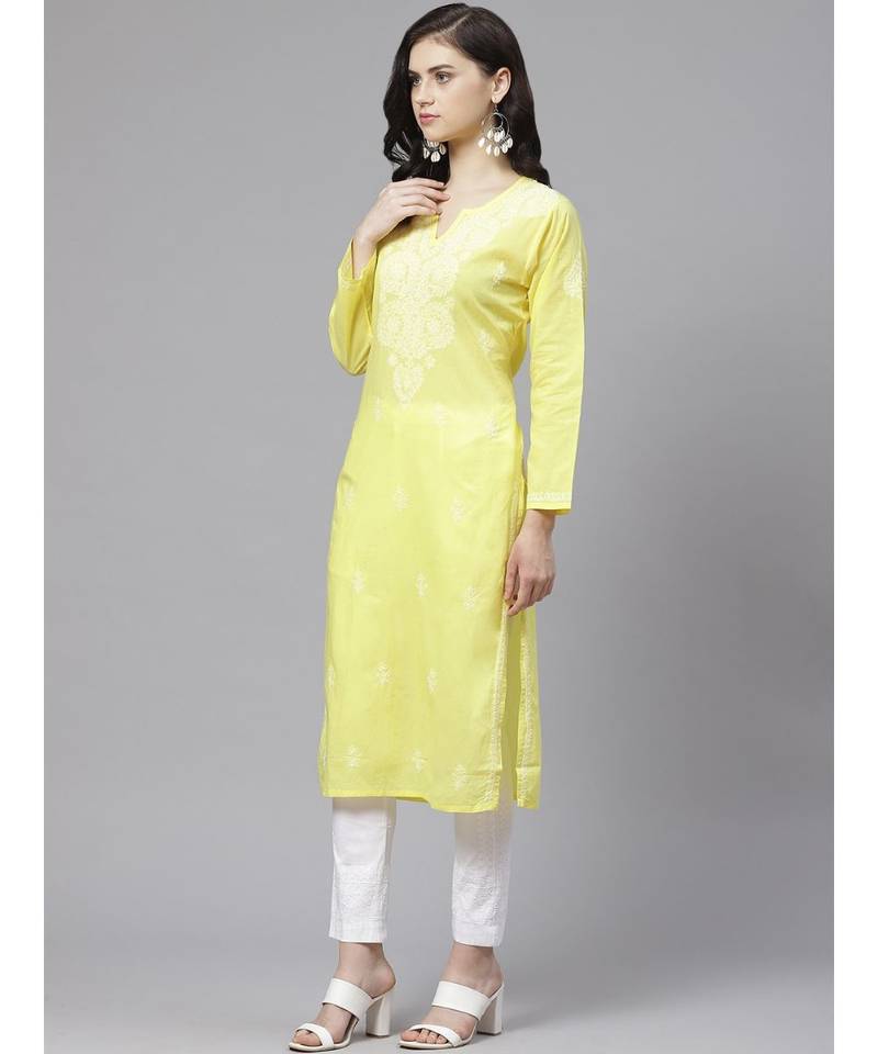 Ada Hand Embroidered Yellow and White Cotton Lucknow Chikankari Kurta with Churidar Set