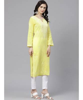 Ada Hand Embroidered Yellow and White Cotton Lucknow Chikankari Kurta with Churidar Set 3